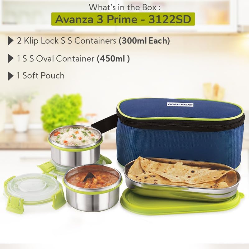 Magnus Avanza 3 Prime - Stainless Steel Leakproof Lunch Box with Klip Lock & Insulated Bag |Tiffin for Office, School, Men, Women, Kids | Airtight & BPA-Free Food Containers - Image 2