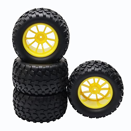 Rowiz 4PCS RC Rubber Tire 12mm Hex RC Wheels and Tires 110 Scale Car Monster Truck Tires Gravel Tread w 5 Spokes Wheel Rim Yellow RC Parts - Image 1