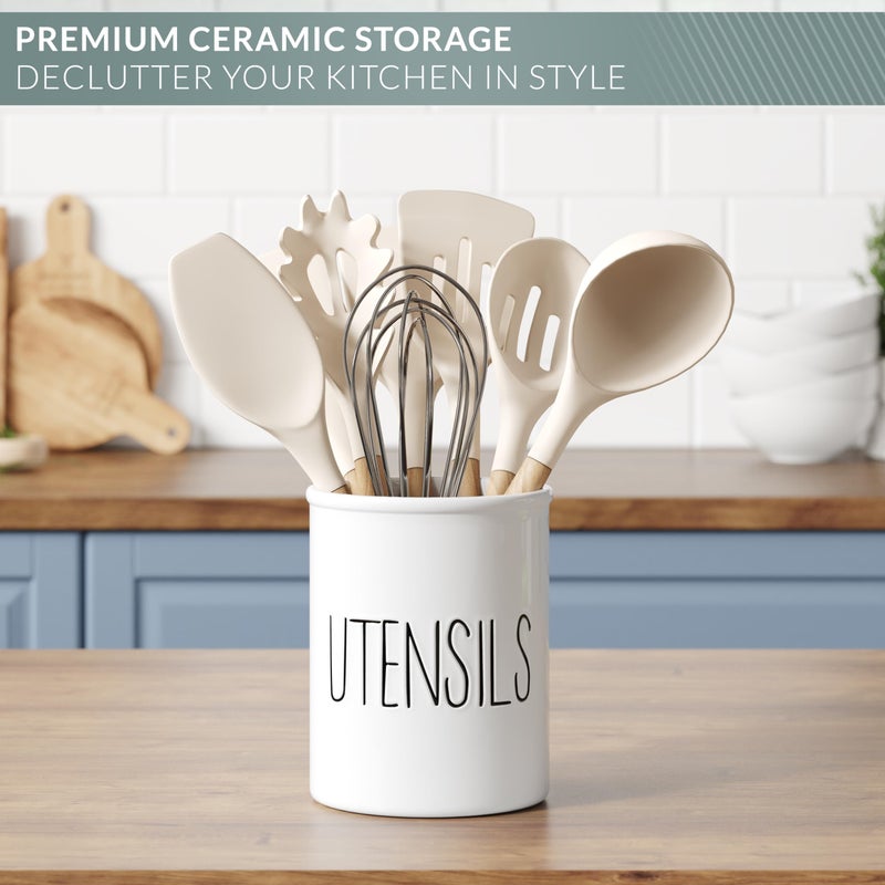 Barnyard Designs Ceramic Farmhouse Kitchen Utensil Holder for Countertop, Decorative Kitchen Utensil Crock for Counter, Spatula Holder, 7" (White) - Image 5