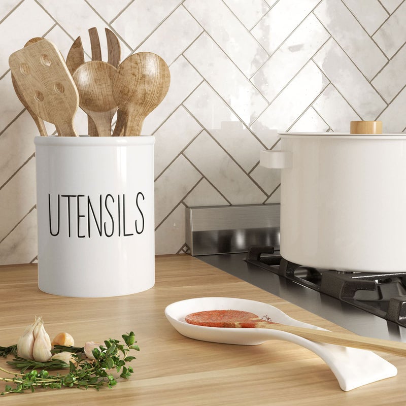 Barnyard Designs Ceramic Farmhouse Kitchen Utensil Holder for Countertop, Decorative Kitchen Utensil Crock for Counter, Spatula Holder, 7" (White) - Image 3