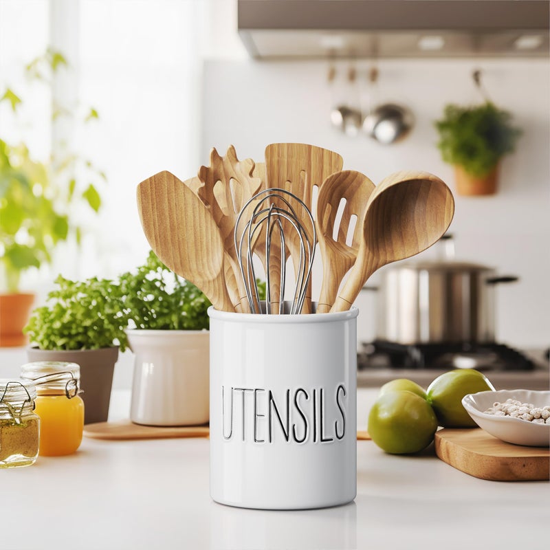 Barnyard Designs Ceramic Farmhouse Kitchen Utensil Holder for Countertop, Decorative Kitchen Utensil Crock for Counter, Spatula Holder, 7" (White) - Image 2