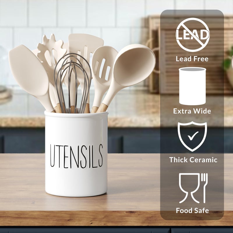 Barnyard Designs Ceramic Farmhouse Kitchen Utensil Holder for Countertop, Decorative Kitchen Utensil Crock for Counter, Spatula Holder, 7" (White) - Image 4