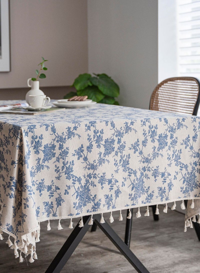 Linen Floral Rectangle Tablecloth  – 150×200 cm Washable Vintage Blue Table Cloth for Indoor & Outdoor Dining, Restaurant, Picnic, Pastoral Table Cover Decor - Image 2