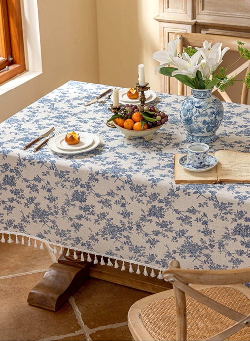 Linen Floral Rectangle Tablecloth  – 150×200 cm Washable Vintage Blue Table Cloth for Indoor & Outdoor Dining, Restaurant, Picnic, Pastoral Table Cover Decor - Image 3