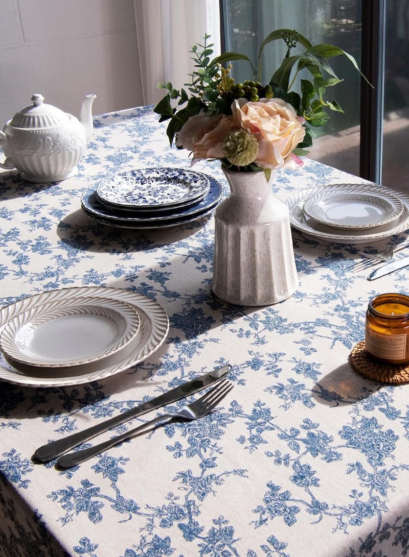 Linen Floral Rectangle Tablecloth  – 150×200 cm Washable Vintage Blue Table Cloth for Indoor & Outdoor Dining, Restaurant, Picnic, Pastoral Table Cover Decor - Image 4