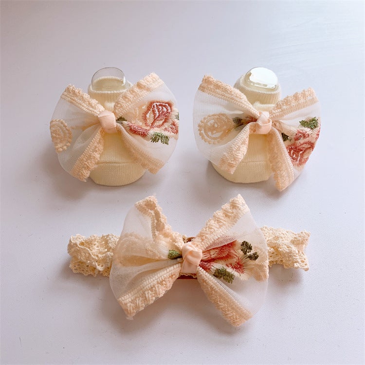 Generic Baby Princess Headband Socks Set Gift Beige/embroidered bow (bag) 