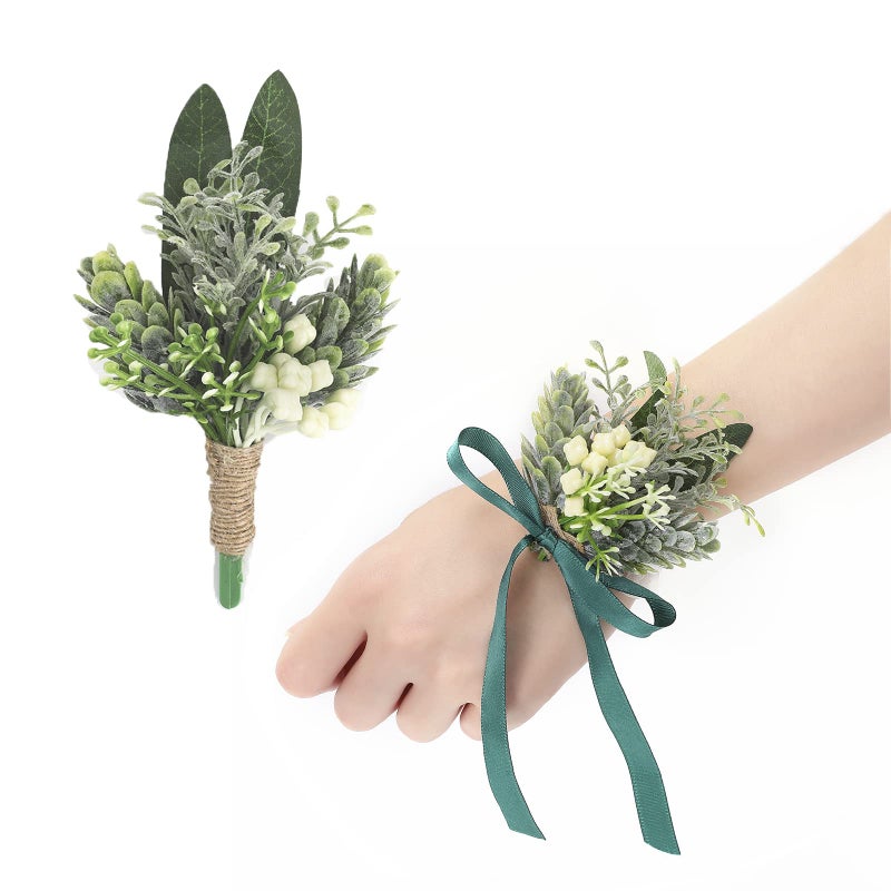 YSUCAU YSUCAU Corsage and Men Boutonniere Set for Wedding Greenery Corsages Wristlet Band Bracelet for Wedding Mother of Bride and Groom Prom Flowers