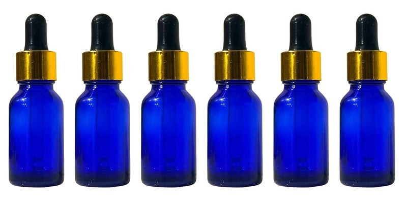 VOW 30 ML Blue Round Empty Glass Bottle Glass Dropper Gold Ring Silicone Black Teat Refillable Reusable Leak Proof for Essential Oils PerfumesPack of 6 - Image 1