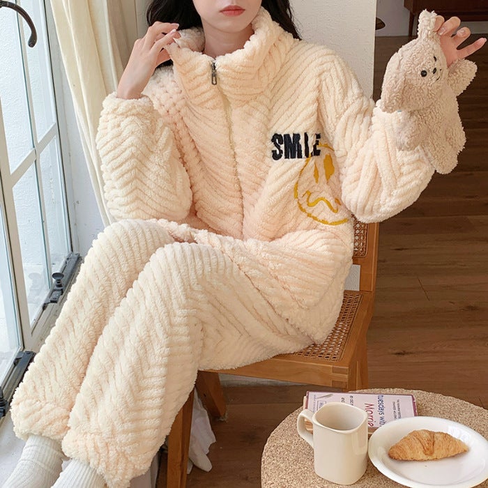 Winter Fleece Embroidered Warm Pajama Set Pure white skirt
