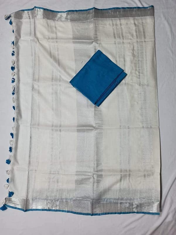 SheenKraft Women`s Bhagalpuri Blend Linen saree with Contrast Blouse Piece_Free Size (Variation 10168-180) (White) - Image 4
