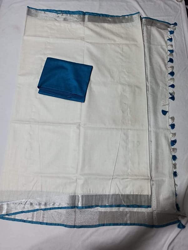 SheenKraft Women`s Bhagalpuri Blend Linen saree with Contrast Blouse Piece_Free Size (Variation 10168-180) (White) - Image 2