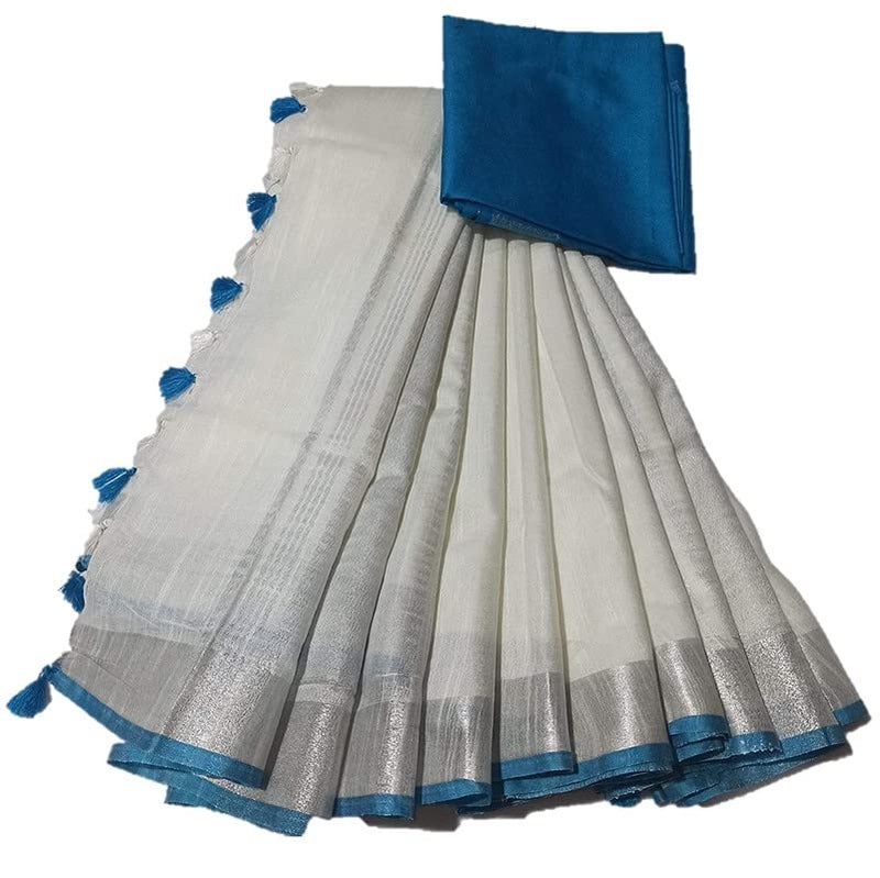 SheenKraft Women`s Bhagalpuri Blend Linen saree with Contrast Blouse Piece_Free Size (Variation 10168-180) (White) - Image 1