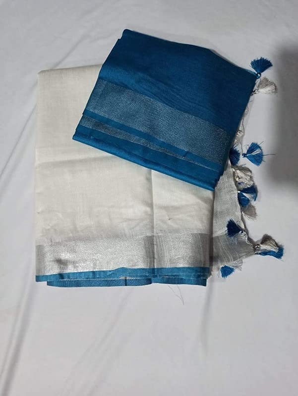 SheenKraft Women`s Bhagalpuri Blend Linen saree with Contrast Blouse Piece_Free Size (Variation 10168-180) (White) - Image 5