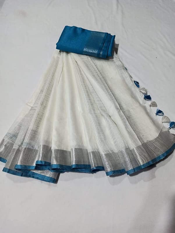 SheenKraft Women`s Bhagalpuri Blend Linen saree with Contrast Blouse Piece_Free Size (Variation 10168-180) (White) - Image 3