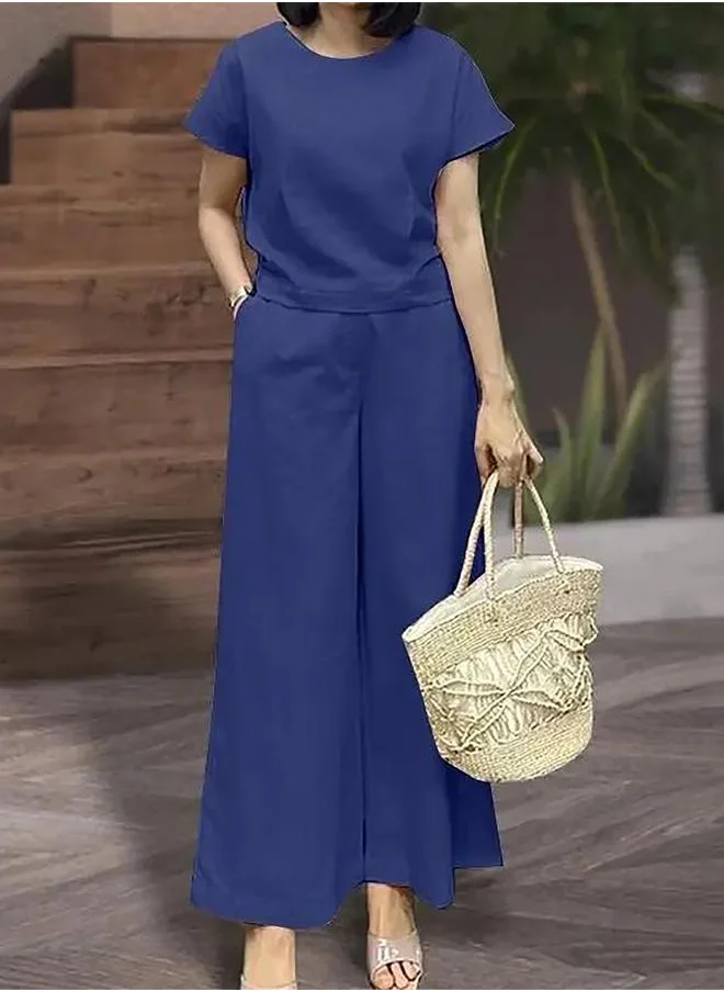 Take Two Take Two Solid Short Sleeve Top and Wide Leg Pants Co-Ords