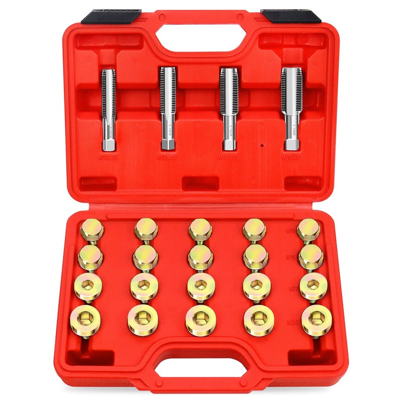 YSTOOL 64pcs Oil Drain Plug Repair Kit in M13 M15 M17 M20 Sizes Metric Oil Drain Pan Thread Repair Kit Drain Pan Automotive Rethreading Tools Kit with 4 Taps Asorted Sump Plugs Copper Washers