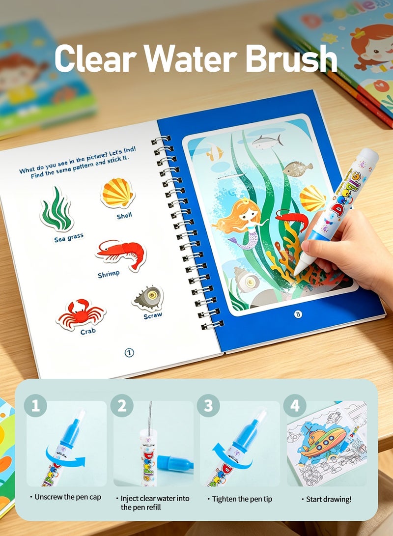 بكارنست مجموعة 6 كتب رسم سحري بالماء مع 6 أقلام مائية وملصقات كرتونية، كتب تلوين قابلة لإعادة الاستخدام بدون فوضى للأطفال فوق سن 3 سنوات، مواضيع حورية البحر والأميرة والوحيد والحيوانات والمحيط والمركبات - Image 3