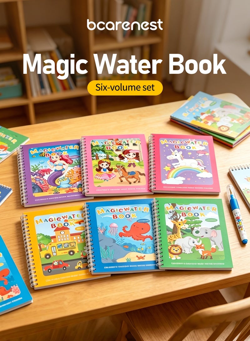 بكارنست مجموعة 6 كتب رسم سحري بالماء مع 6 أقلام مائية وملصقات كرتونية، كتب تلوين قابلة لإعادة الاستخدام بدون فوضى للأطفال فوق سن 3 سنوات، مواضيع حورية البحر والأميرة والوحيد والحيوانات والمحيط والمركبات - Image 2