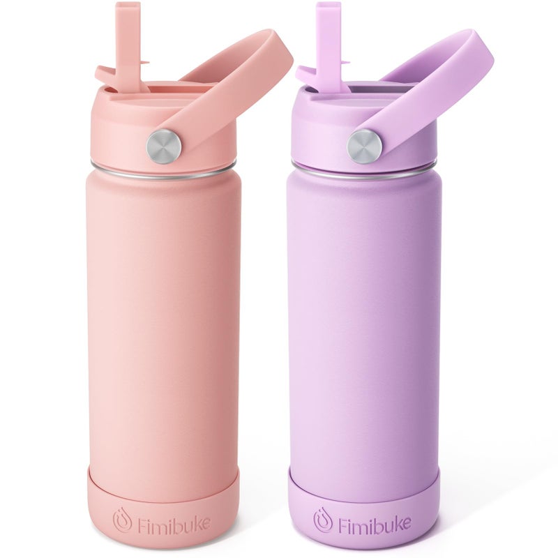 Fimibuke Kids Insulated Water Bottle 18oz BPA FREE Kids Cups with Straw Double Wall Vacuum Tumbler 188 Stainless Steel Leak Proof Toddler Water Bottle for School Boys Girls 2 Pack Milky Pastel