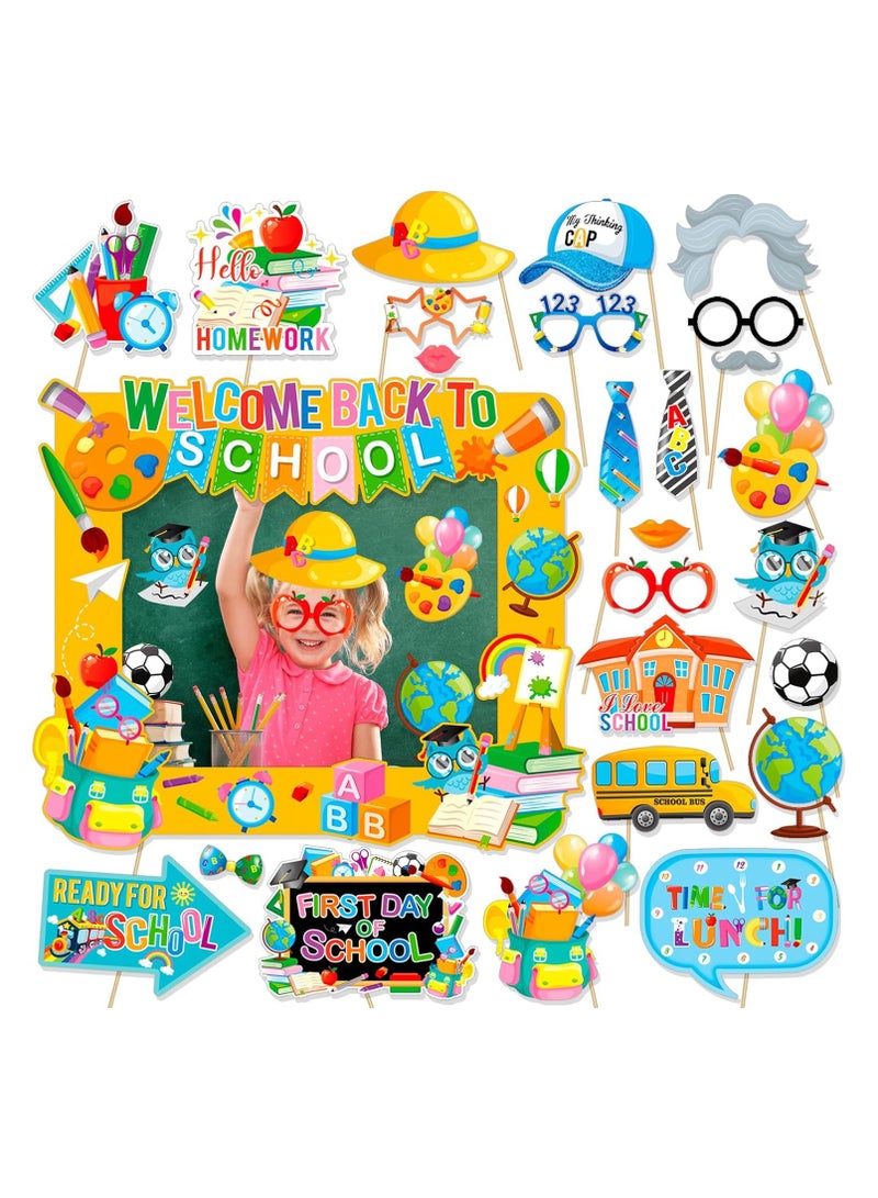 Back to School Photo Booth Props Kit, 1 Welcome Back School Photo Booth Frame 25pcs First Day of School Selfie Props Kit, Ready to Learn Themed Party Decorations Photo Props for Teacher Students - Image 1