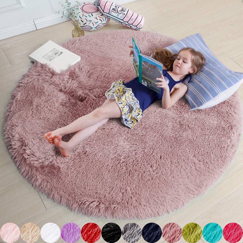 Amdrebio دائرة دائرة رقيقة من الخدود لغرفة نوم 5'x5 'for Kids Room سجادة فروية لفتيات في سن المراهقة غرفة أشعث دائري غامق سجادة أفخم لغرفة الحضانة سجاد أحمر الخدود ديكور غرفة لطيفة للطفل  - Image 1