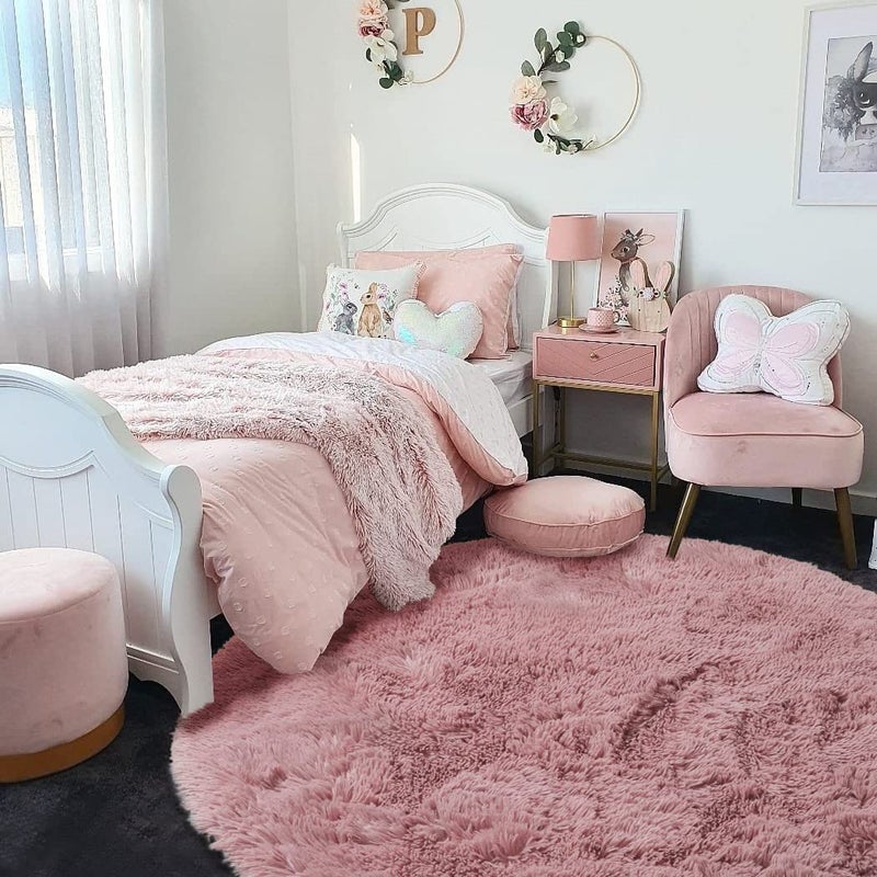 Amdrebio دائرة دائرة رقيقة من الخدود لغرفة نوم 5'x5 'for Kids Room سجادة فروية لفتيات في سن المراهقة غرفة أشعث دائري غامق سجادة أفخم لغرفة الحضانة سجاد أحمر الخدود ديكور غرفة لطيفة للطفل  - Image 4
