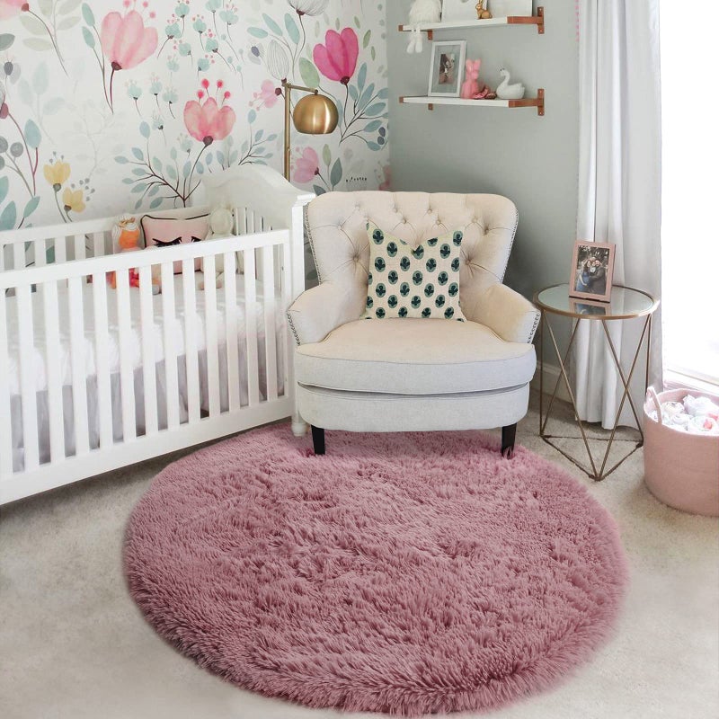 Amdrebio دائرة دائرة رقيقة من الخدود لغرفة نوم 5'x5 'for Kids Room سجادة فروية لفتيات في سن المراهقة غرفة أشعث دائري غامق سجادة أفخم لغرفة الحضانة سجاد أحمر الخدود ديكور غرفة لطيفة للطفل  - Image 5