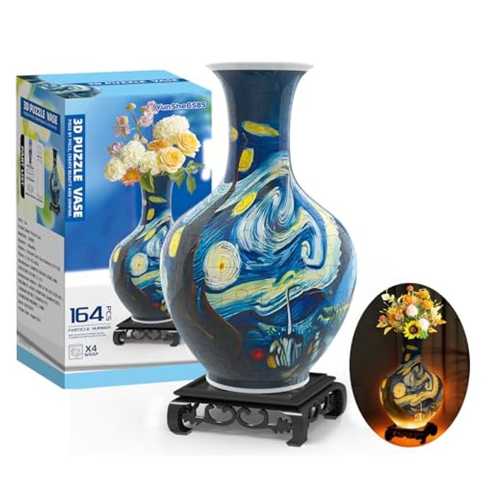 3D PUZZLES VASE FOR ADULTS CRAFTS FOR ADULTS 164 PIECES PLASTIC DIY UNIQUE FLOWER VASE WITH LED LIGHT HOUSE WARMING GIFT BIRTHDAY GIFTS FOR FLOWER ARRANGEMENTS AND HOME DECOR BLUE