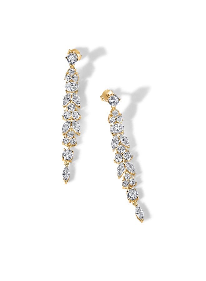 PAVOI أقراط دائرية متدلية من الزركونيا المكعبة مطلية بالذهب الأصفر عيار 14 للنساء - أقراط كريستالية طويلة للعروس - مجوهرات زفاف متدلية على شكل ماسة بيضاوية للعرائس وصديقات العروس - Image 3