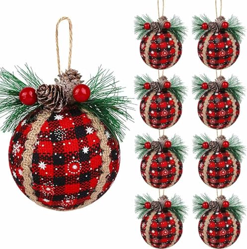 Iceyyyy 9PCS Christmas Plaid Ball Ornaments 2 Inch Black Red Buffalo Plaid Fabric Ball Ornaments with Pine Cones and Greenery Plaid Christmas Tree Hanging Balls Ornament Festive Decoration