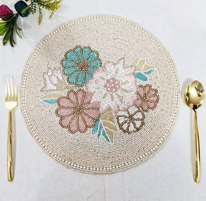AIVIK Poleyster placemats Beaded Design14 INCH White Base Floral Pattern Best for BedSide TableCenter Table Dining TableShelves - Image 5