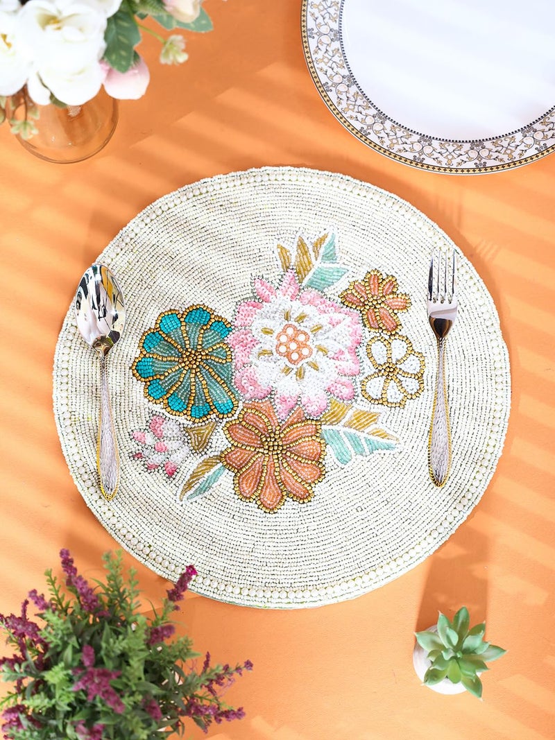 AIVIK Poleyster placemats Beaded Design14 INCH White Base Floral Pattern Best for BedSide TableCenter Table Dining TableShelves - Image 3