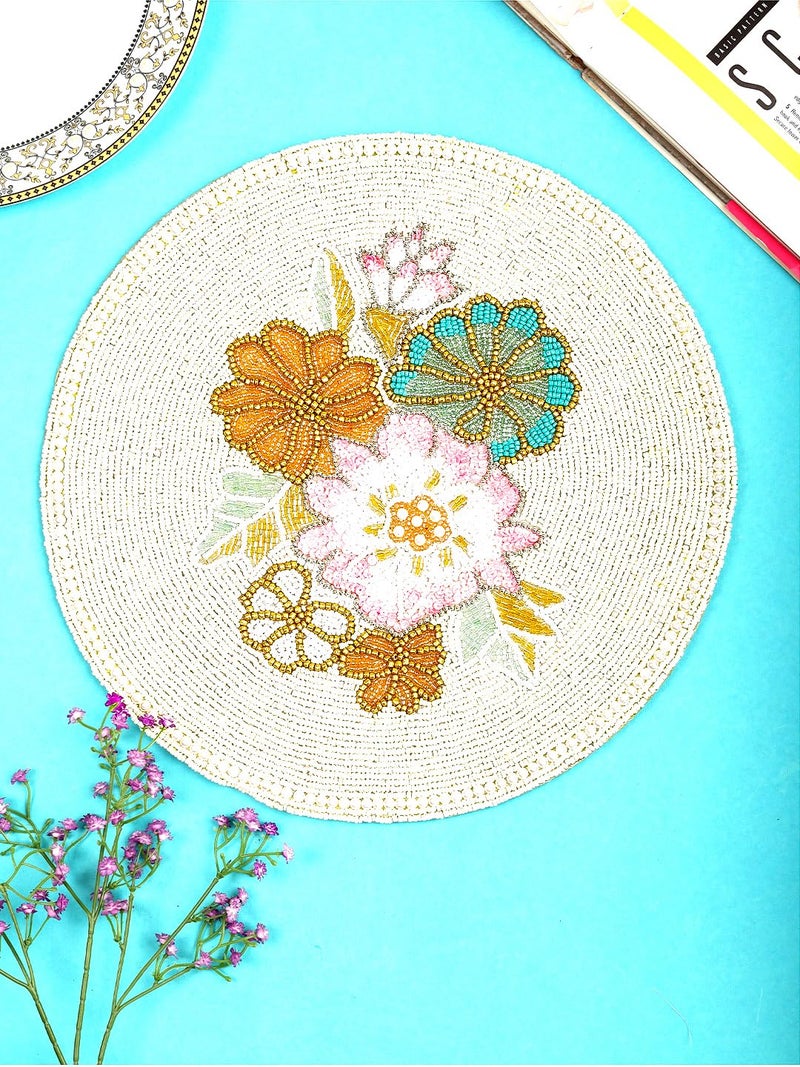 AIVIK Poleyster placemats Beaded Design14 INCH White Base Floral Pattern Best for BedSide TableCenter Table Dining TableShelves - Image 2