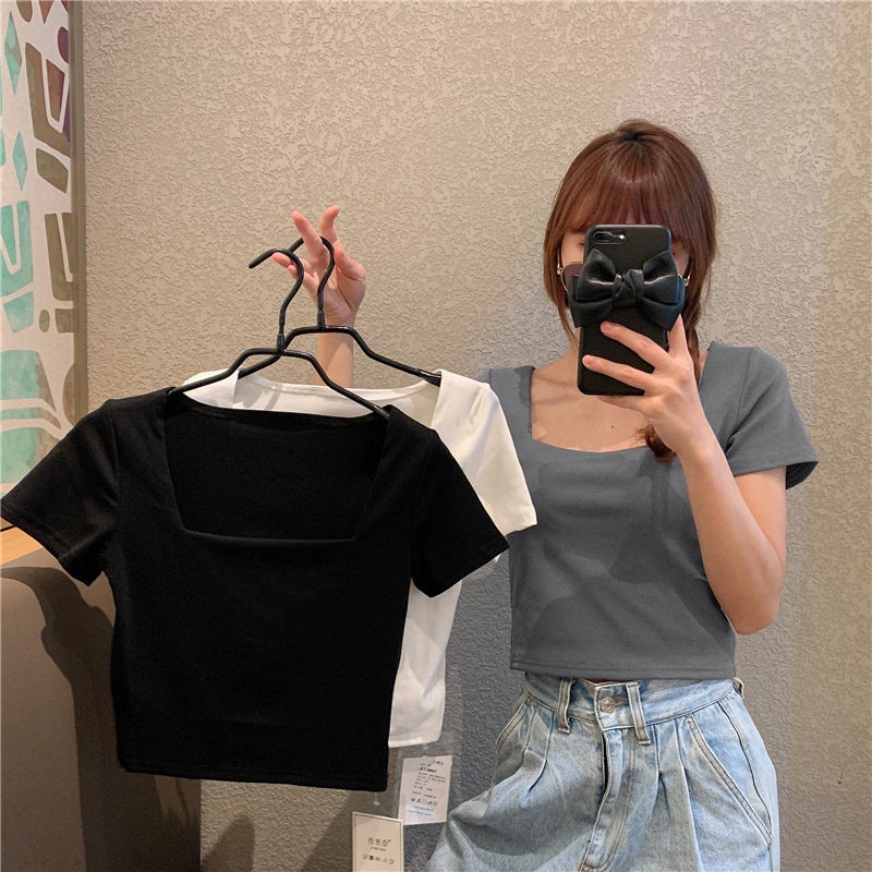 Short-Sleeved Black T-Shirt Women'S 2025 Spring Design Short Square Collar French Tights - Image 2