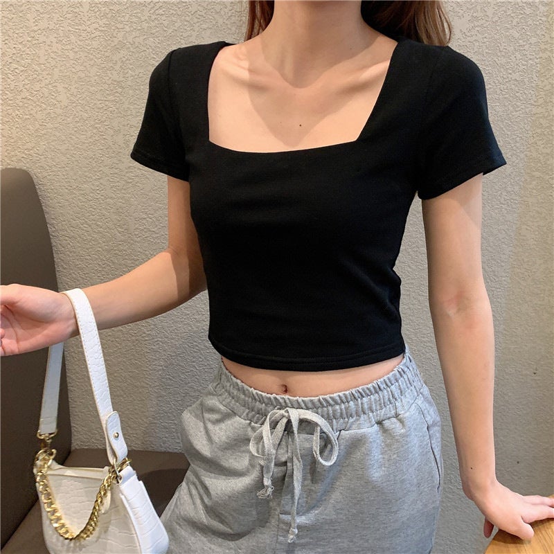 Short-Sleeved Black T-Shirt Women'S 2025 Spring Design Short Square Collar French Tights - Image 4