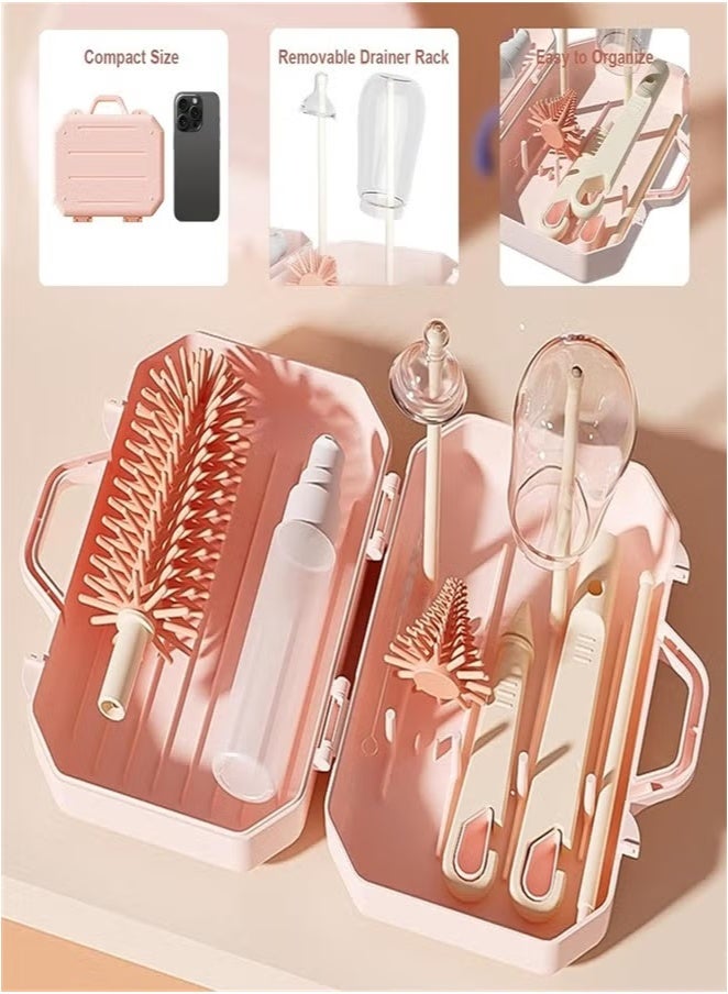 PINKSAMA 6 in 1 Bottle Cleaning Brush Set, Travel Baby Bottle Brush Cleaner Set with Silicone Bottle Brush Nipple Cleaner Brush Straw Brush Soap Dispenser Storage Box Bottle Drying Rack - Image 3
