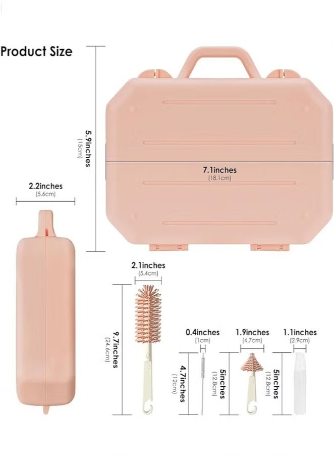 PINKSAMA 6 in 1 Bottle Cleaning Brush Set, Travel Baby Bottle Brush Cleaner Set with Silicone Bottle Brush Nipple Cleaner Brush Straw Brush Soap Dispenser Storage Box Bottle Drying Rack - Image 2