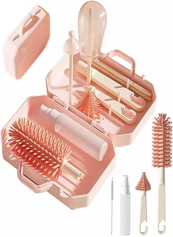 PINKSAMA 6 in 1 Bottle Cleaning Brush Set, Travel Baby Bottle Brush Cleaner Set with Silicone Bottle Brush Nipple Cleaner Brush Straw Brush Soap Dispenser Storage Box Bottle Drying Rack - Image 1