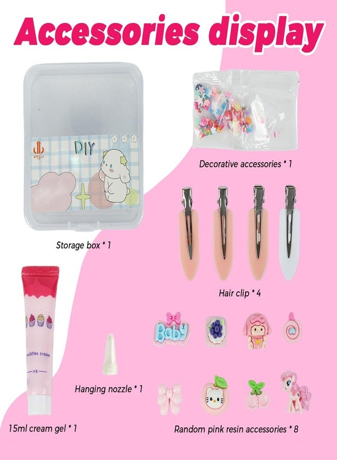 PATPAT® DIY Pink Squishy Hair Clips Making Kit, Cream Gel Glue DIY Hair Accessories - Cartoon Cute Clips for Girls with Hairclips, 15ml Cream Gel Glue Piping Nozzle Perfect for Girls' Parties - Image 2