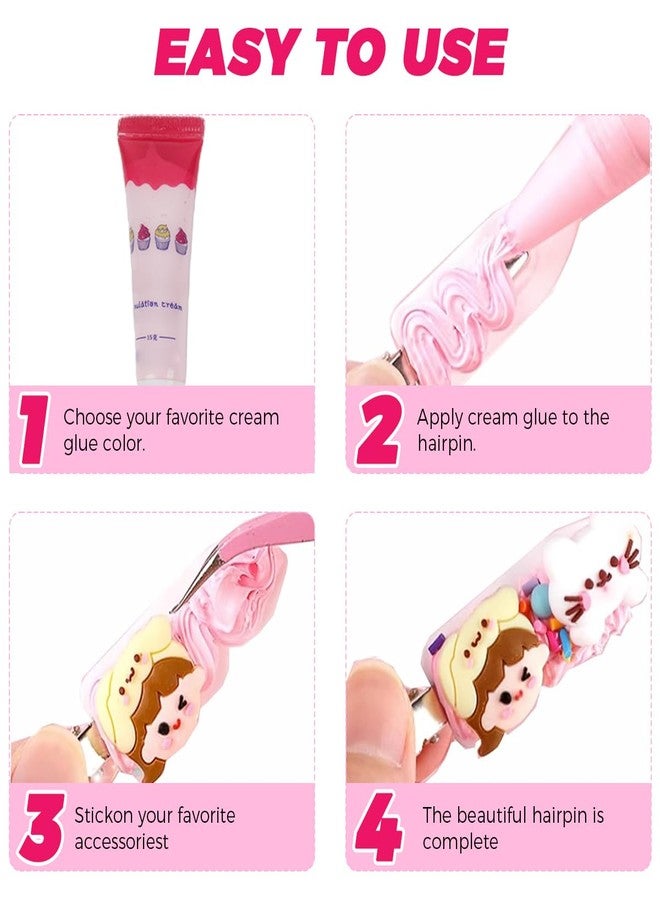 PATPAT® DIY Pink Squishy Hair Clips Making Kit, Cream Gel Glue DIY Hair Accessories - Cartoon Cute Clips for Girls with Hairclips, 15ml Cream Gel Glue Piping Nozzle Perfect for Girls' Parties - Image 4