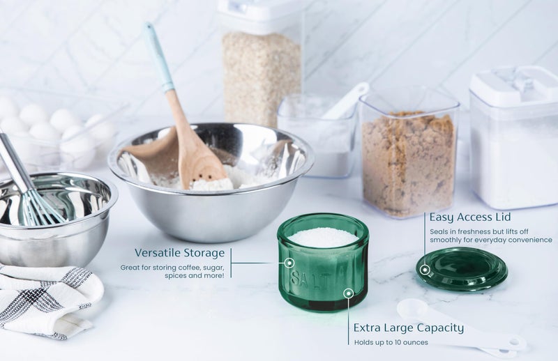 KooK Glass Salt Cellar, with Lid, Embossed Pressed Glass, Clear Storage Container, for Coffee, Sugar, Spices and Candies, 10 oz (Emerald Green) - Image 3