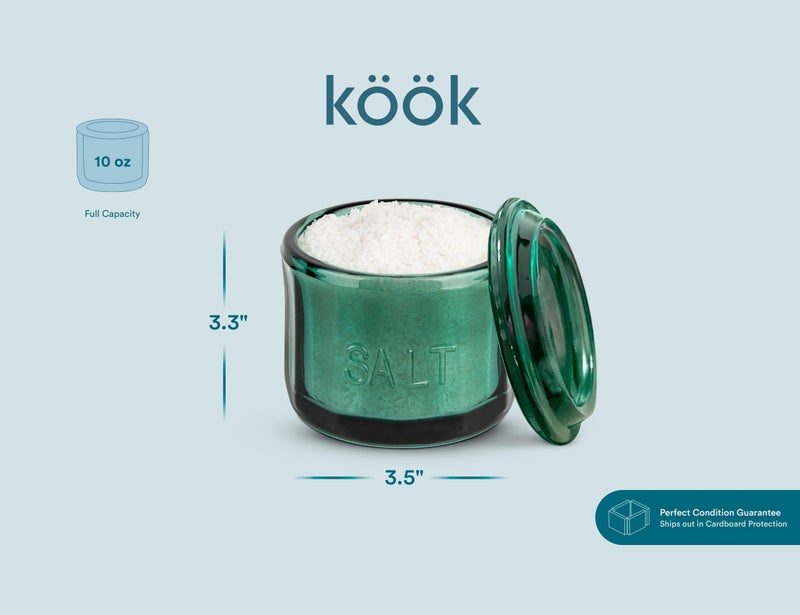 KooK Glass Salt Cellar, with Lid, Embossed Pressed Glass, Clear Storage Container, for Coffee, Sugar, Spices and Candies, 10 oz (Emerald Green) - Image 5