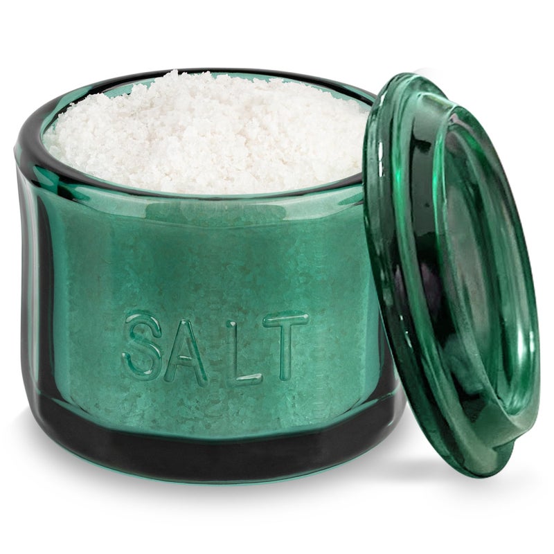KooK Glass Salt Cellar, with Lid, Embossed Pressed Glass, Clear Storage Container, for Coffee, Sugar, Spices and Candies, 10 oz (Emerald Green) - Image 1