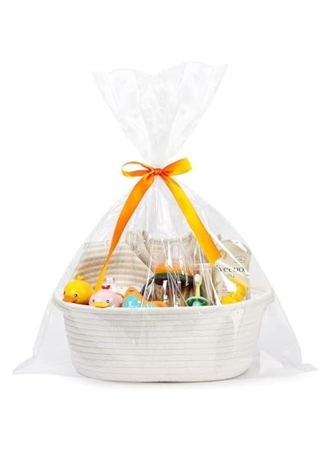 HOOKOR Small Woven Basket with Gift Bags and Ribbons, Empty Decorative Gift Chest Box, Cute Baby Gift Basket for Nursery, Cotton Rope Room Shelf Storage Basket with Handles (White) - Image 1