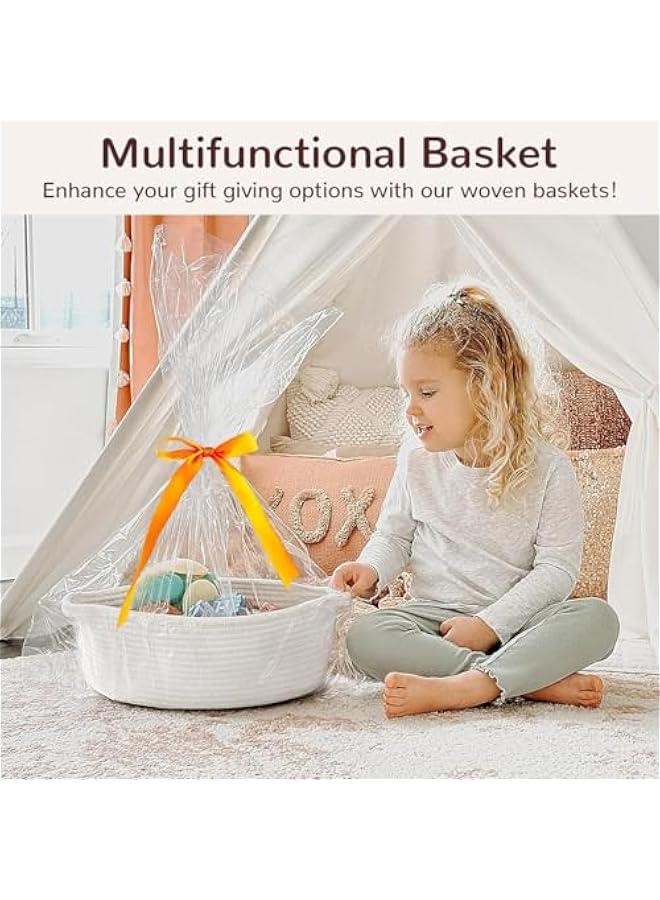 HOOKOR Small Woven Basket with Gift Bags and Ribbons, Empty Decorative Gift Chest Box, Cute Baby Gift Basket for Nursery, Cotton Rope Room Shelf Storage Basket with Handles (White) - Image 2