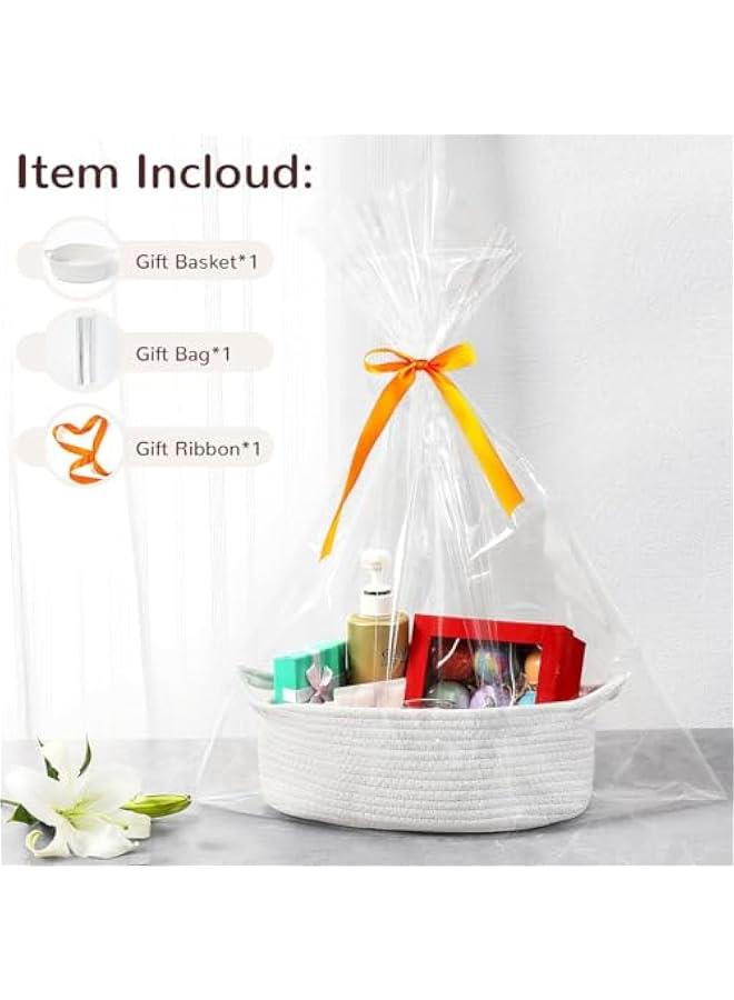 HOOKOR Small Woven Basket with Gift Bags and Ribbons, Empty Decorative Gift Chest Box, Cute Baby Gift Basket for Nursery, Cotton Rope Room Shelf Storage Basket with Handles (White) - Image 5