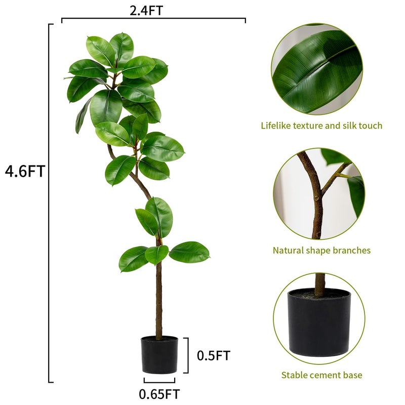 Bailikang 4.6ft Artificial Rubber Tree Faux Plants Indoor Faux Floor Artificial Trees Indoor,Fake Plant Fake Tropical Plants,Large Floor,Real Touch Rubber Tree for Home Decor - Image 2
