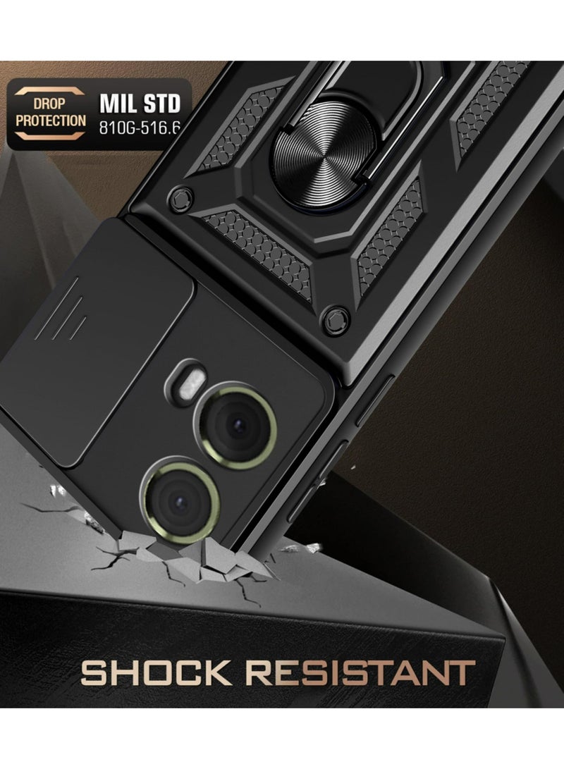 موتورولا G85 5G الهاتف المحمول حالة ، انزلاق الكاميرا عدسة الغطاء ، 360 درجة قوس الدورية خاتم ، ودعم المغناطيسي سيارة الهاتف المحمول حالة صدمة الأسود - Image 4