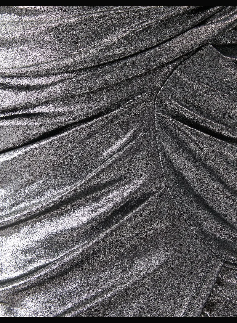 KOTON Gleamy Foil Printed Midi Skirt Slit and Draped Detail