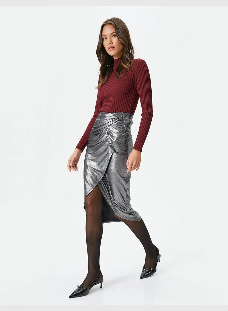 KOTON Gleamy Foil Printed Midi Skirt Slit and Draped Detail